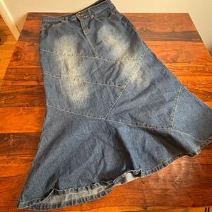 Zoey Beth Blue Denim Maxi Skirt Womens Medium Paneled Mermaid Flare G6201F